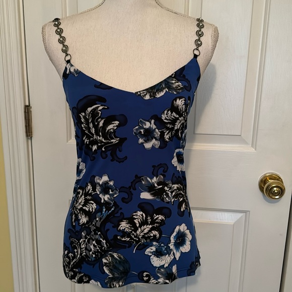 Caché Vintage Cobalt, Navy, Black & White Floral Top w/ Jeweled Straps - Picture 2 of 12
